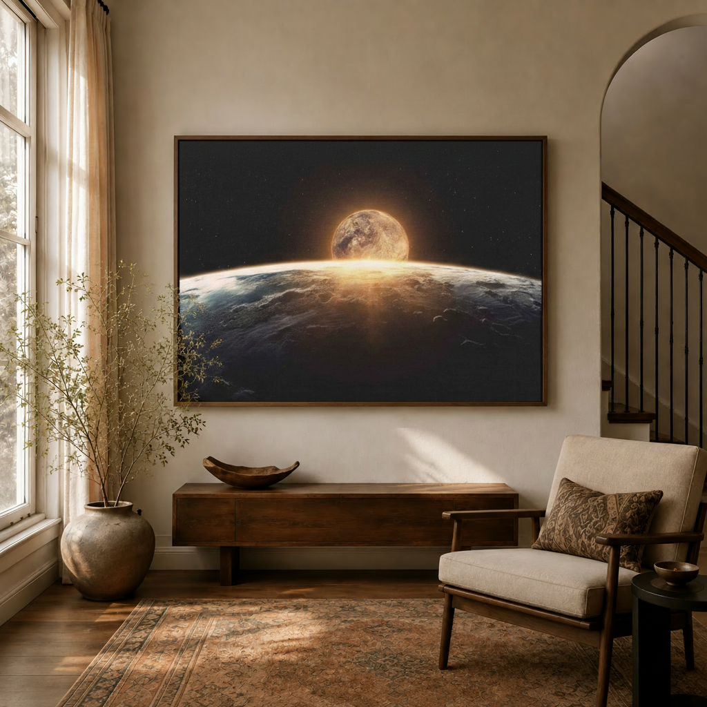 Cosmic rising planet canvas wall art displayed in a warm entryway above a wooden console with an armchair nearby