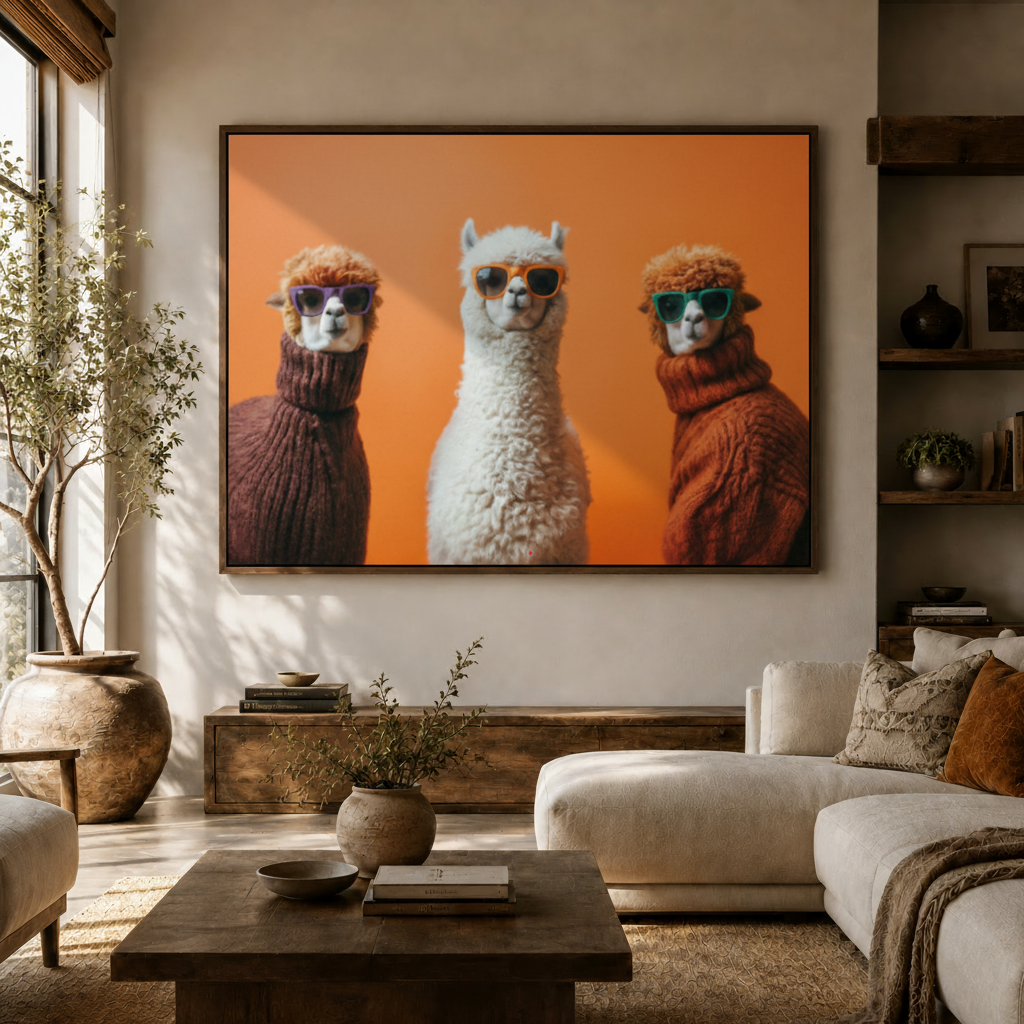 Three cool alpacas in turtlenecks and sunglasses framed canvas hanging in modern boho living room