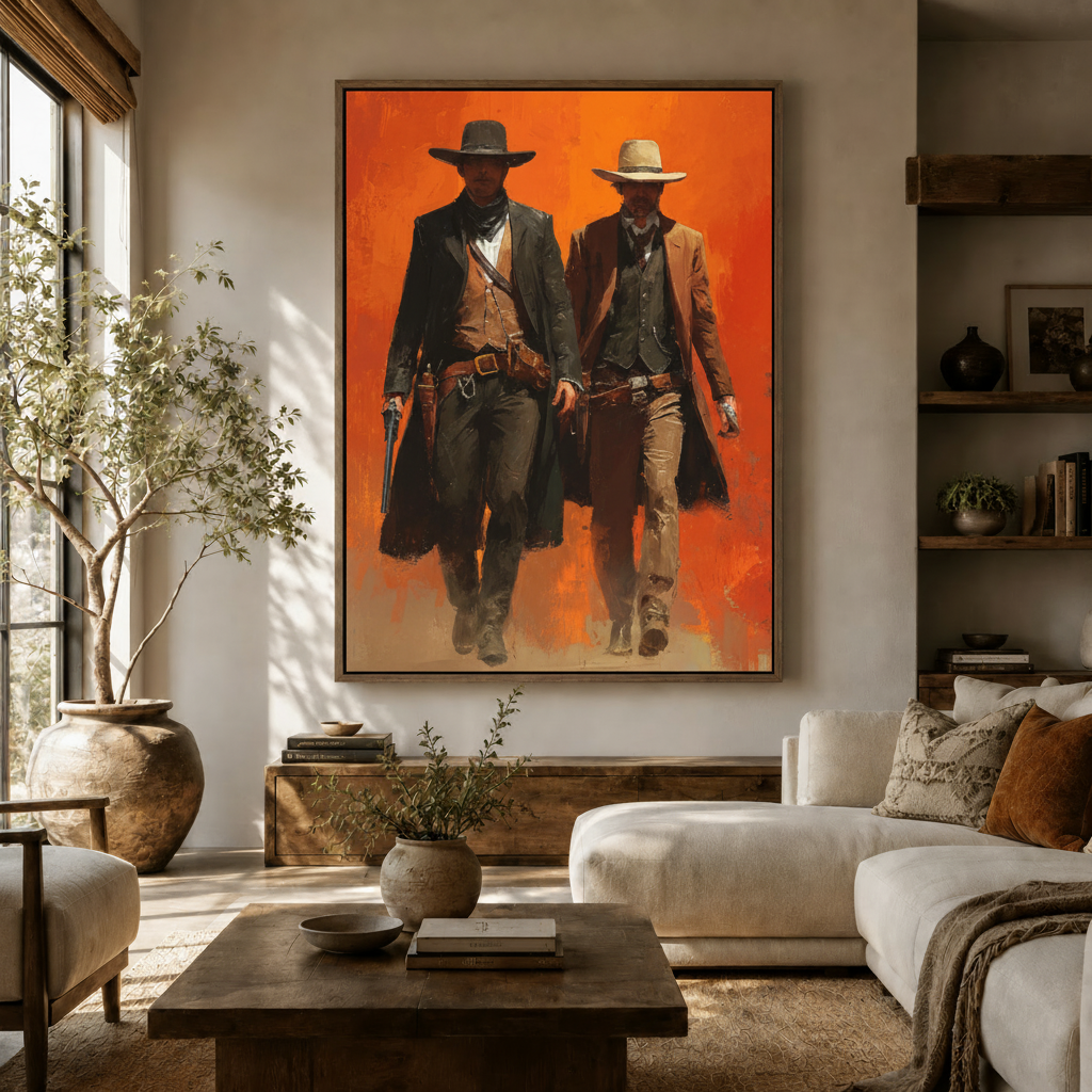 Bold Western cowboys oil painting in float frame displayed above sofa in modern living room