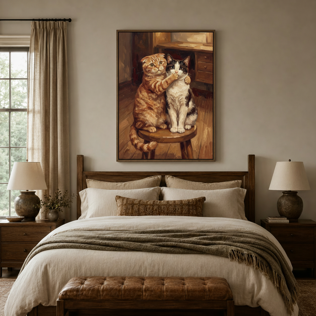 Two cats vintage portrait impasto canvas wall art in dark frame displayed above bed in cozy bedroom