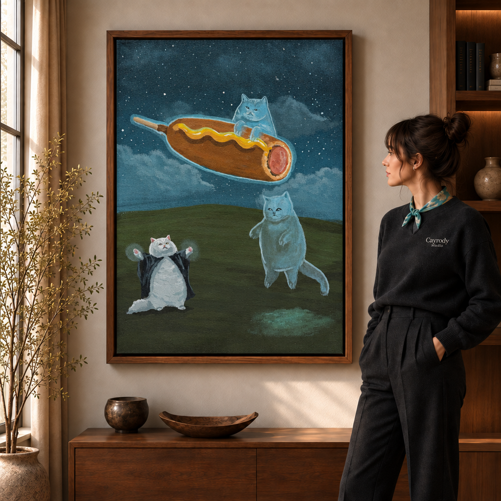 A woman in a black sweater views a walnut framed surreal cat wall art of a caped cat summoning a flying corn dog.