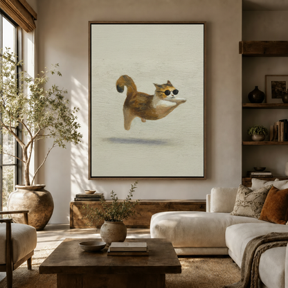 Cool cat sunglasses flying canvas print displayed in a warm neutral living room above a white sofa