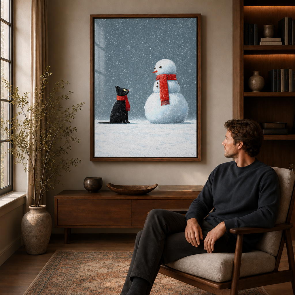 Black cat and snowman Christmas wall art above a walnut console beside a seated man.