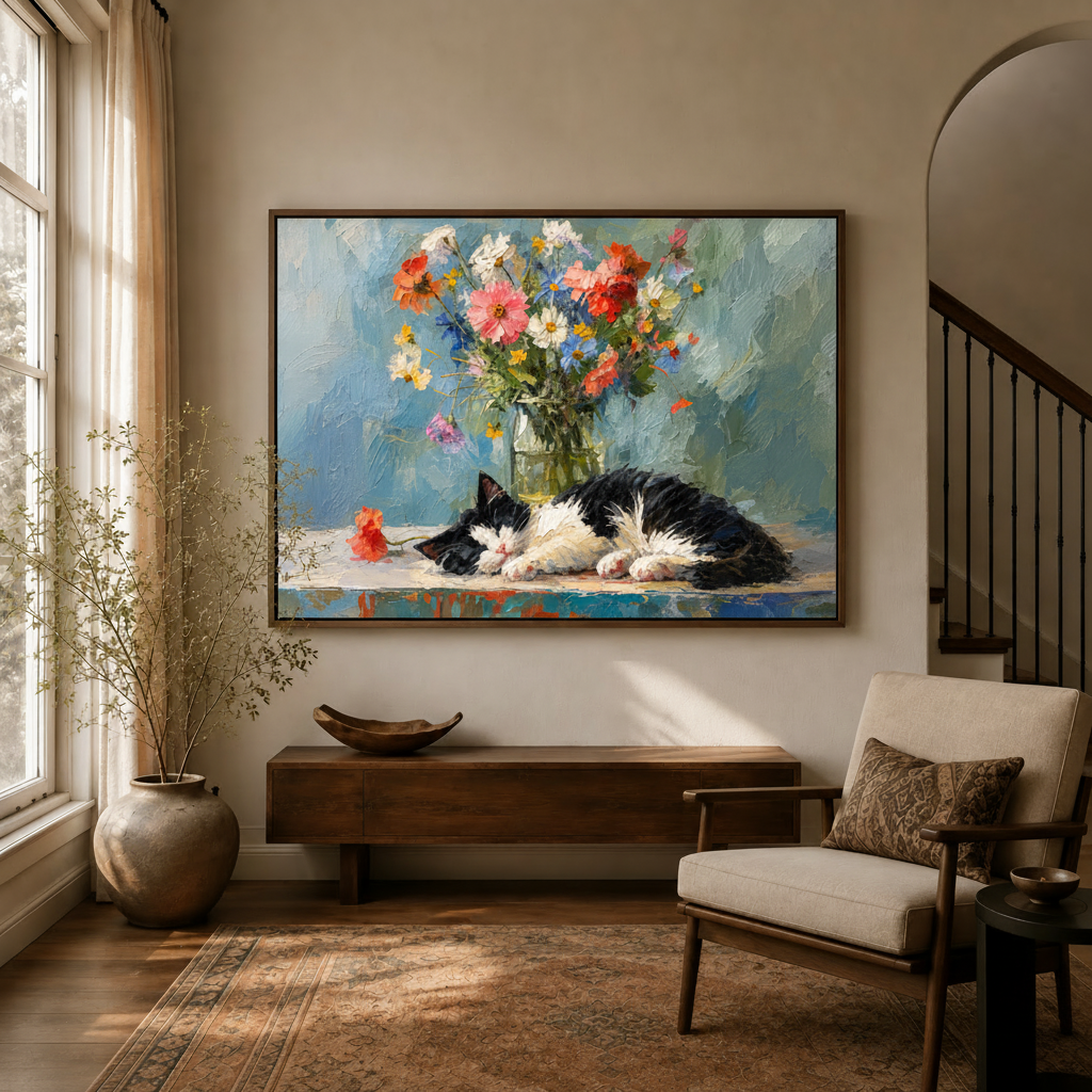 Sleeping cat floral oil painting displayed in a warm neutral living room