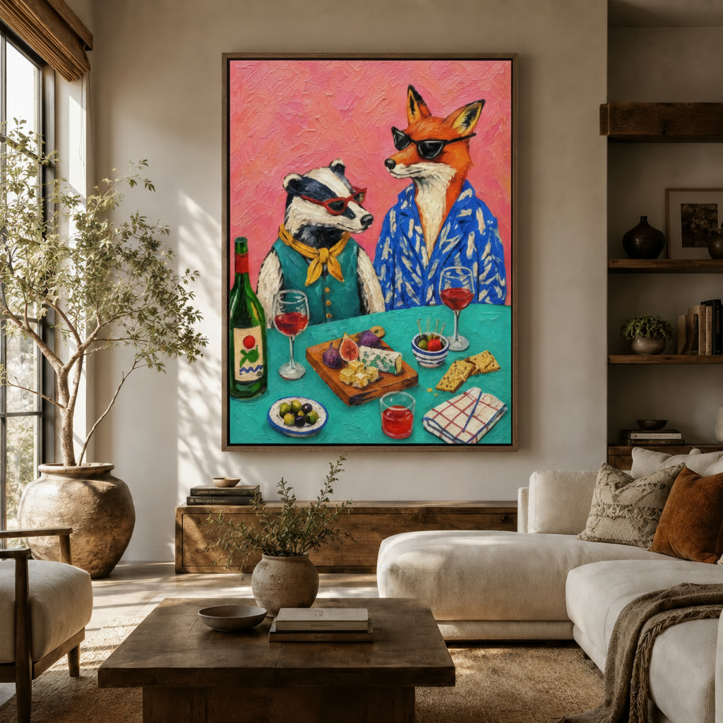Whimsical badger fox wine party oil painting canvas in walnut float frame in warm living room