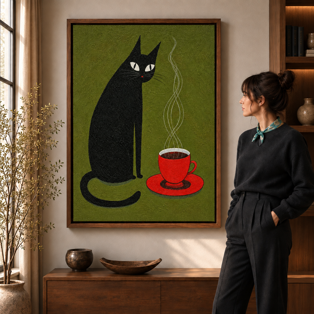 Black cat coffee canvas wall art displayed in a warm living room with dark wood furniture