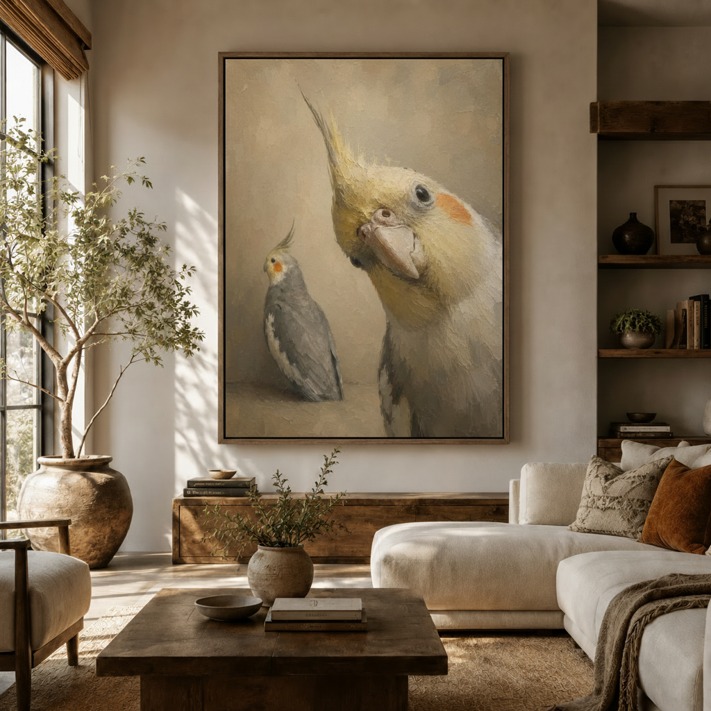 Two cockatiels classical oil painting in walnut float frame, warm living room bird art decor