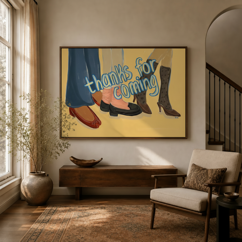 Thanks for coming pop art canvas in float frame above sideboard in warm neutral living room