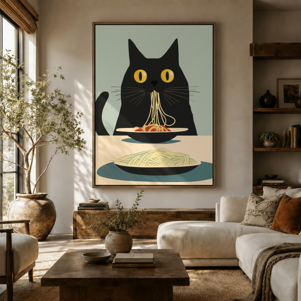 Funny black cat spaghetti canvas print in float frame above living room sideboard