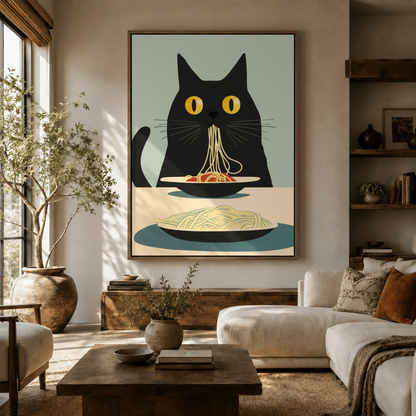 Funny black cat spaghetti canvas print in float frame above living room sideboard