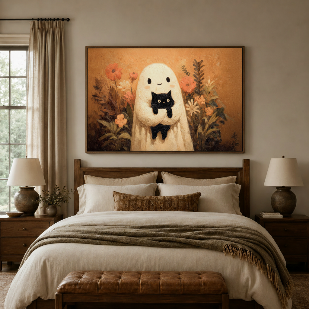 Ghost holding black cat autumn garden impasto canvas wall art above warm neutral bedroom headboard dark frame