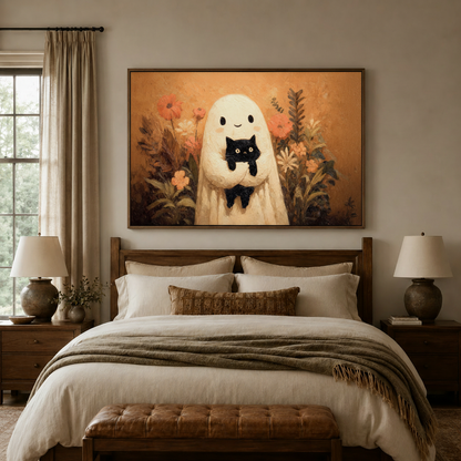 Ghost holding black cat autumn garden impasto canvas wall art above warm neutral bedroom headboard dark frame