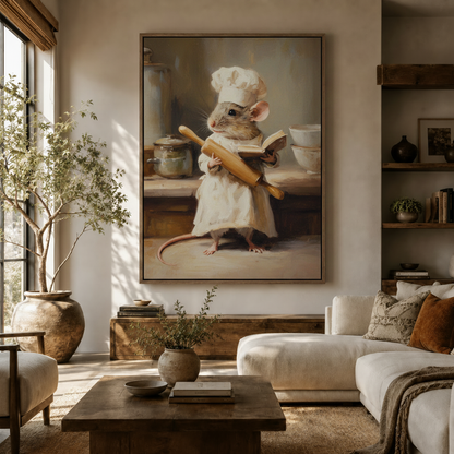 Chef mouse kitchen classical canvas wall art displayed in warm modern living room above sideboard