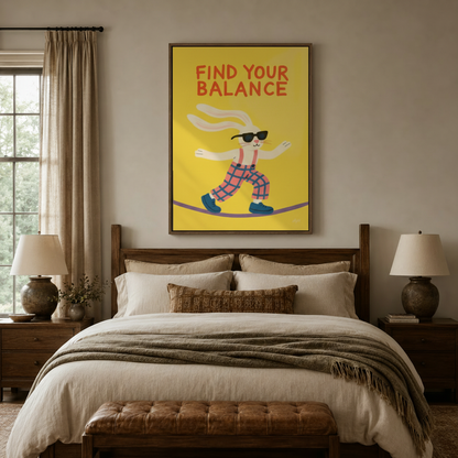 Cool bunny tightrope find your balance retro pop art yellow canvas in walnut float frame above cozy bedroom
