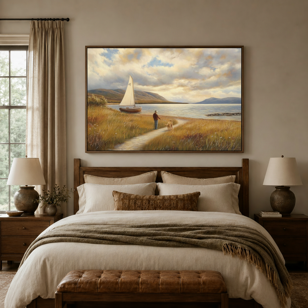 Man walking dog sailboat coastal classical canvas wall art displayed above warm neutral bedroom headboard