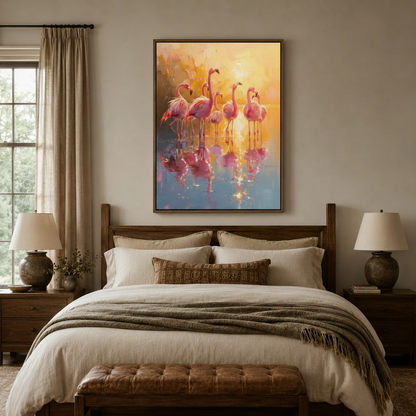 Flamingo sunset impressionist canvas wall art hung above walnut bed in warm neutral bedroom with cream bedding