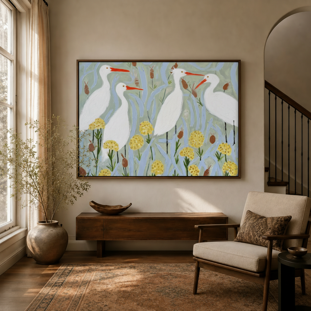 Folk art egret wetland canvas in dark walnut frame displayed in warm entryway with dried branch vase