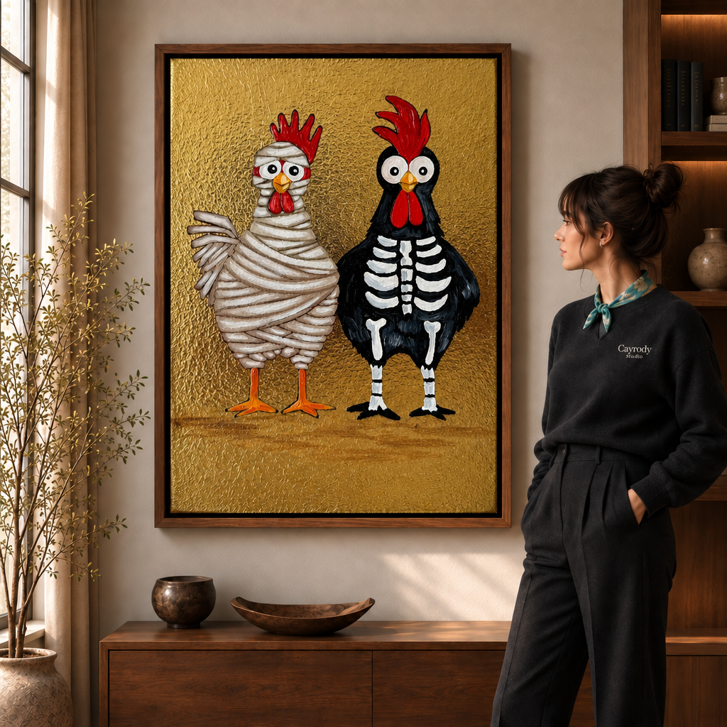 Funny chicken wall art featuring a bandaged white chicken and black skeleton chicken in a walnut frame beside a woman.