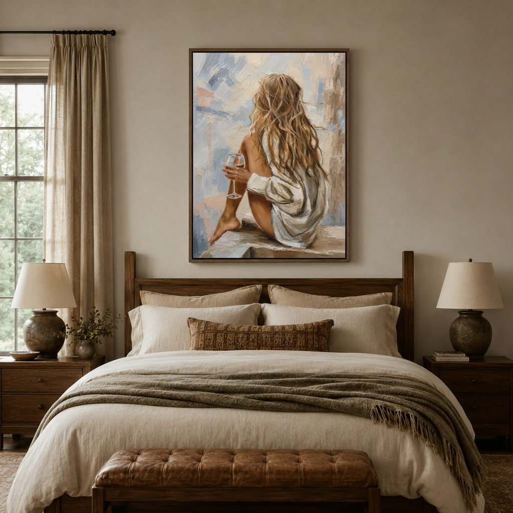 Woman wine glass impasto canvas wall art displayed above bed in warm cozy bedroom