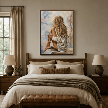Woman wine glass impasto canvas wall art displayed above bed in warm cozy bedroom