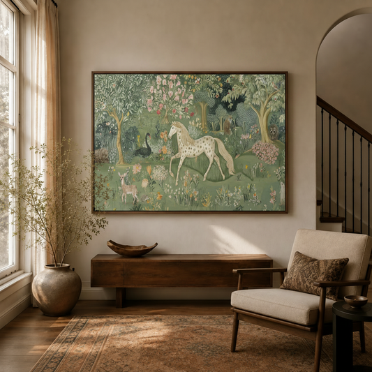 English garden tapestry horse canvas art displayed in warm neutral living room entryway above walnut console
