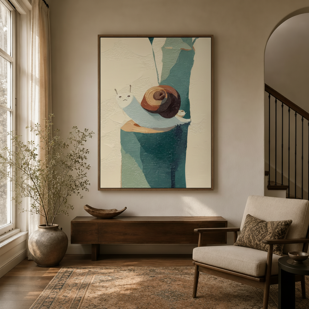 Snail canvas art displayed in a warm entryway beside a dark wood console table and dried branch arrangement