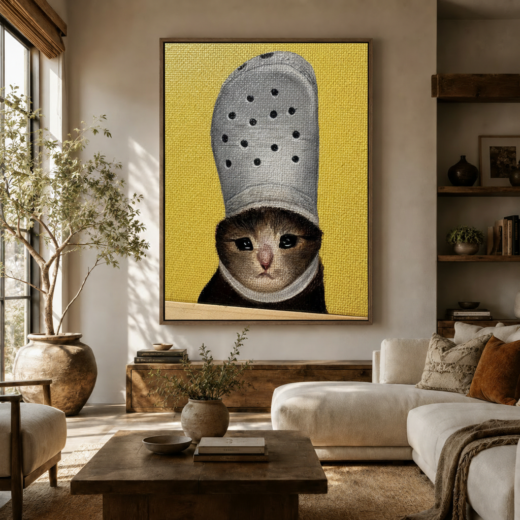 Large sad cat wearing Croc canvas on living room wall above white sofa with rustic wood shelves and olive tree