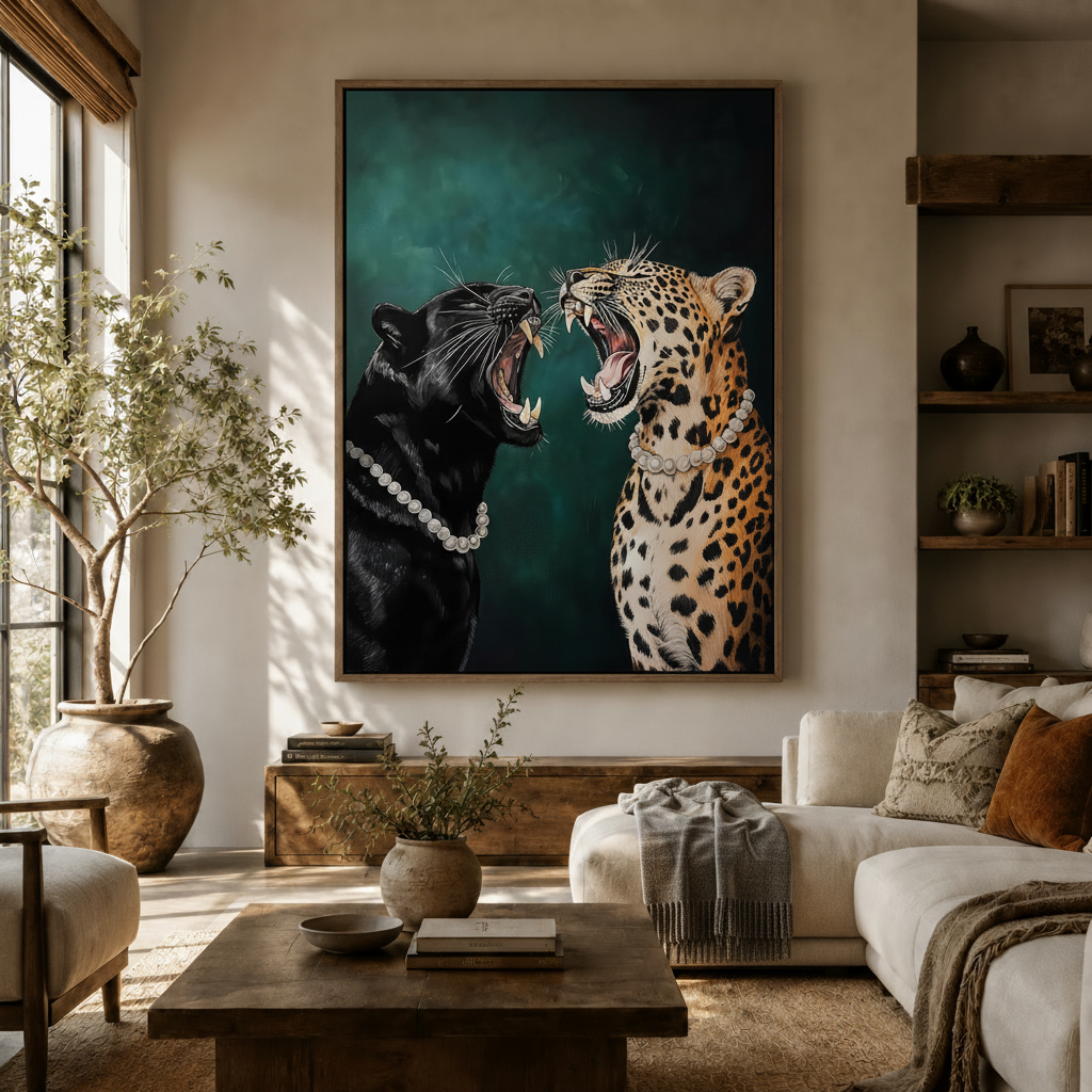 Bold black panther and leopard wall art in float frame displayed in warm neutral living room