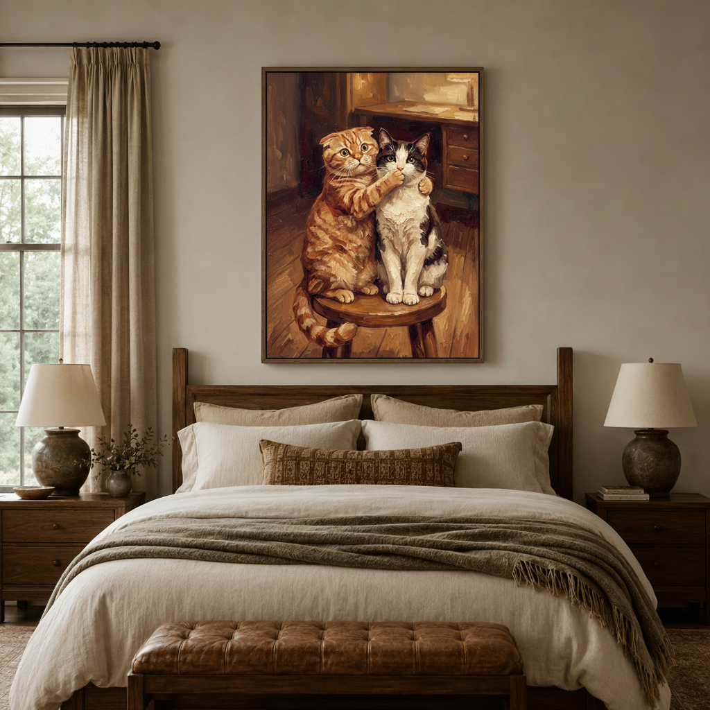 Two cats vintage portrait impasto canvas wall art in dark frame displayed above bed in cozy bedroom