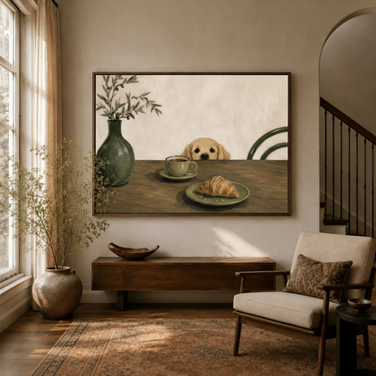 Cute dog peeking over table canvas print in walnut float frame above console in warm neutral entryway