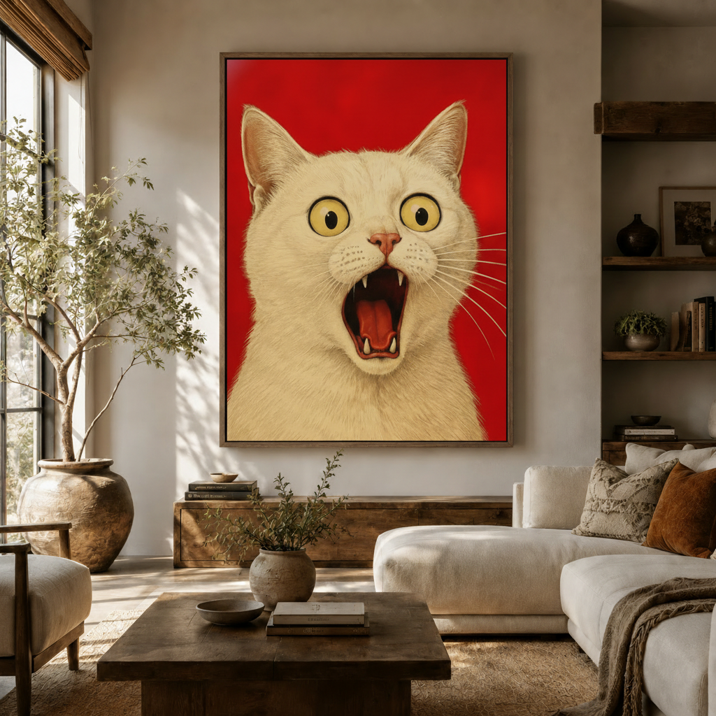 Funny screaming cat wall art in dark walnut floating frame above console in warm Japandi-style living room