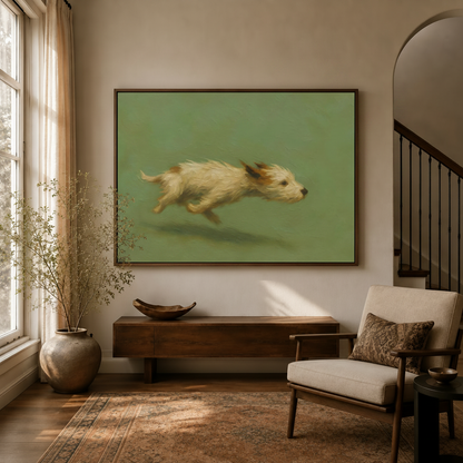 Impressionist terrier dog canvas print in dark walnut float frame above entryway console