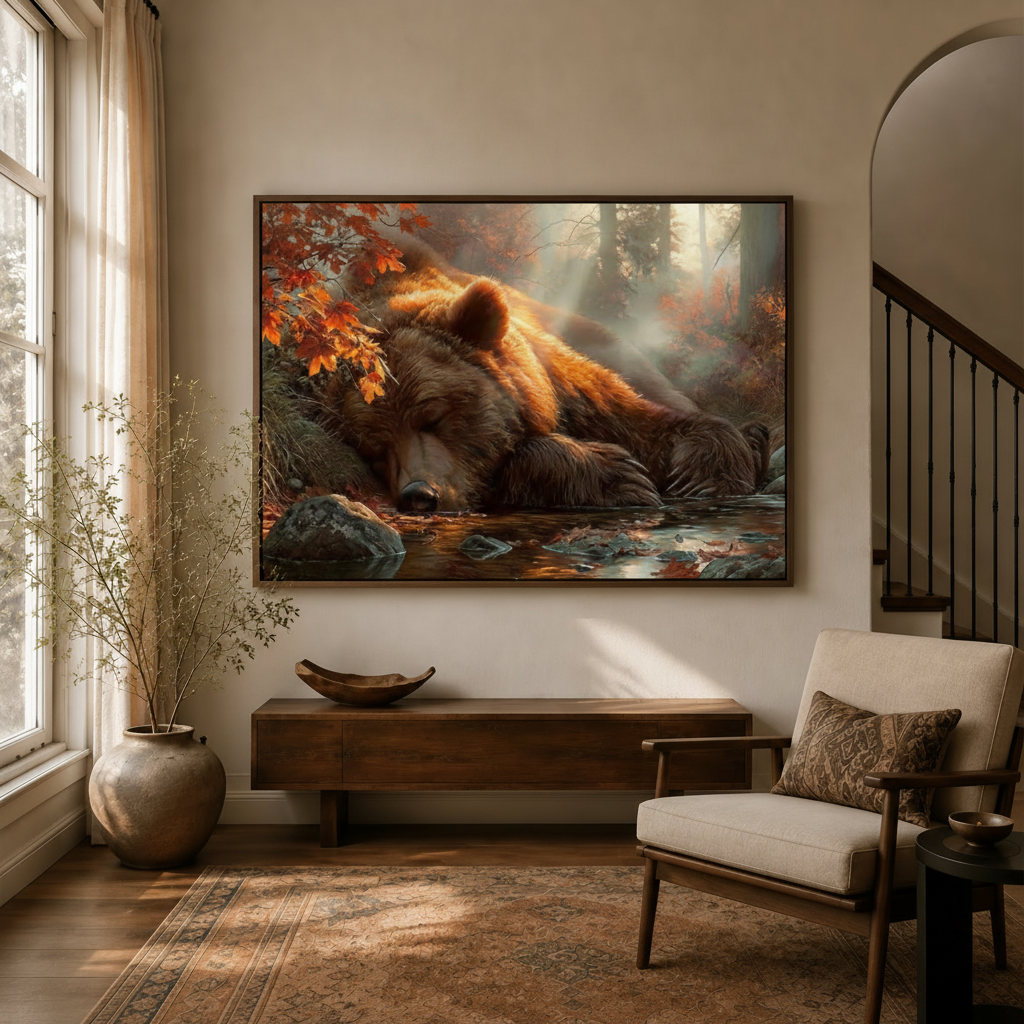 Sleeping bear autumn forest canvas print in dark walnut float frame above entryway console table