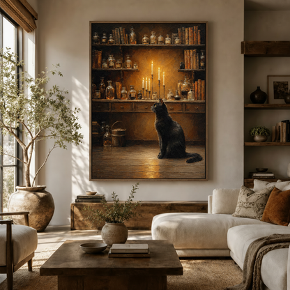 Black cat oil painting canvas wall art displayed above sofa in warm neutral living room