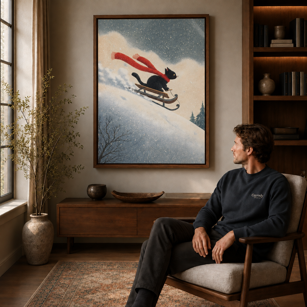 Black cat sledding winter wall art above a walnut console beside a seated man.