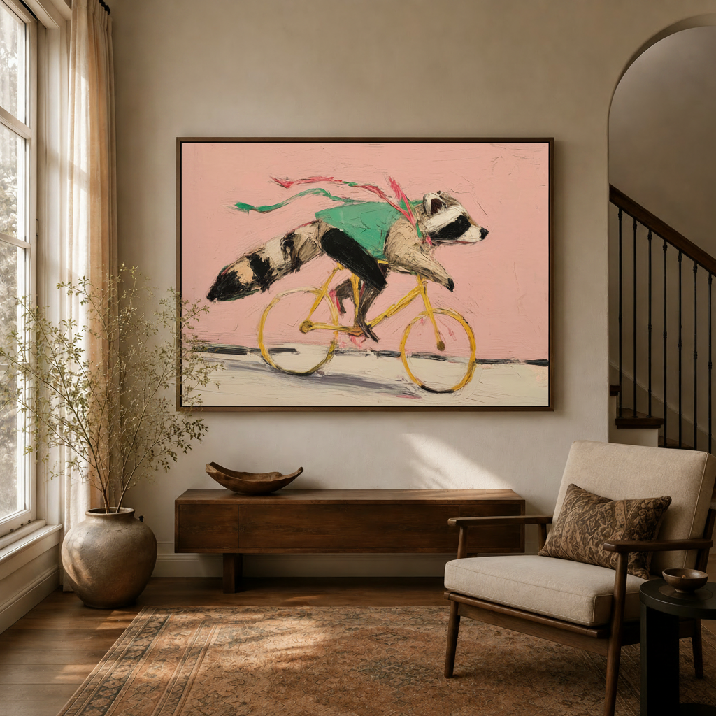 Whimsical raccoon cycling impasto oil painting in walnut float frame, entryway hallway scene