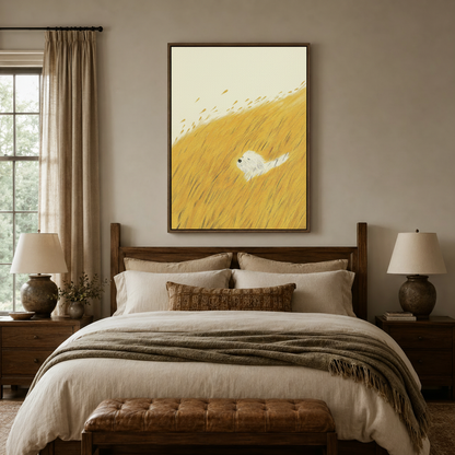 Soft illustrative white dog golden field canvas wall art in walnut float frame above bed in warm bedroom