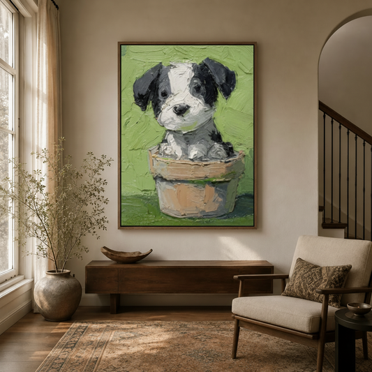 Cute puppy in terracotta pot canvas wall art in walnut floater frame hung in warm neutral entryway