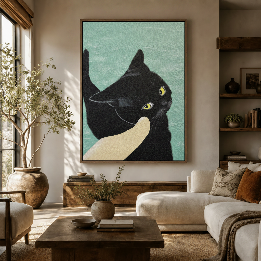 Quirky cat pointing finger framed canvas print hung above sofa in bright boho living room