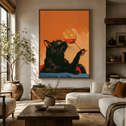 Bold black cat wine canvas wall art hanging above console in warm organic living room