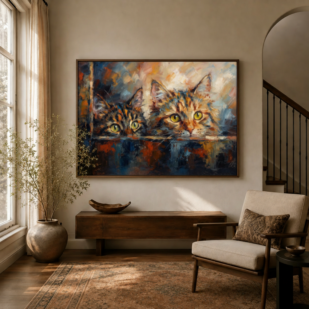 Framed impasto cat canvas wall art with two tabby cats displayed in warm neutral entryway above dark walnut console
