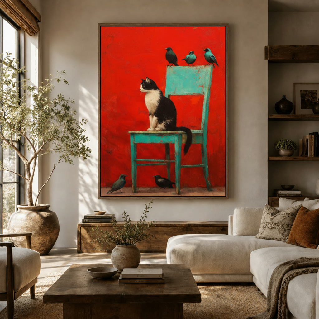 Bold folk art cat and birds canvas print displayed in warm modern living room with olive tree