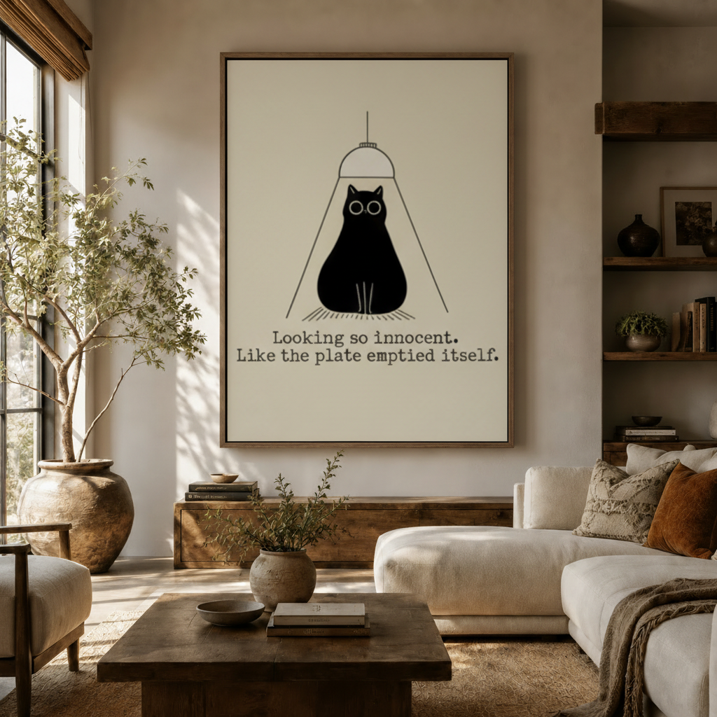 Funny cat canvas print styled in modern living room with olive tree and cream sofa
