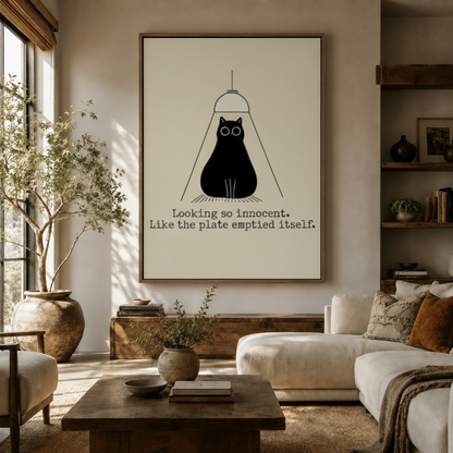 Funny cat canvas print styled in modern living room with olive tree and cream sofa