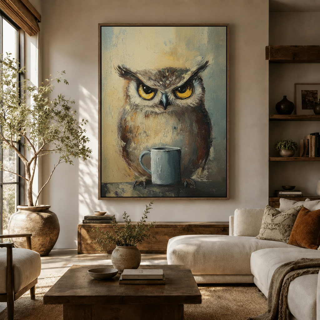 Grumpy owl coffee oil painting in solid walnut frame, warm living room bird art wall decor