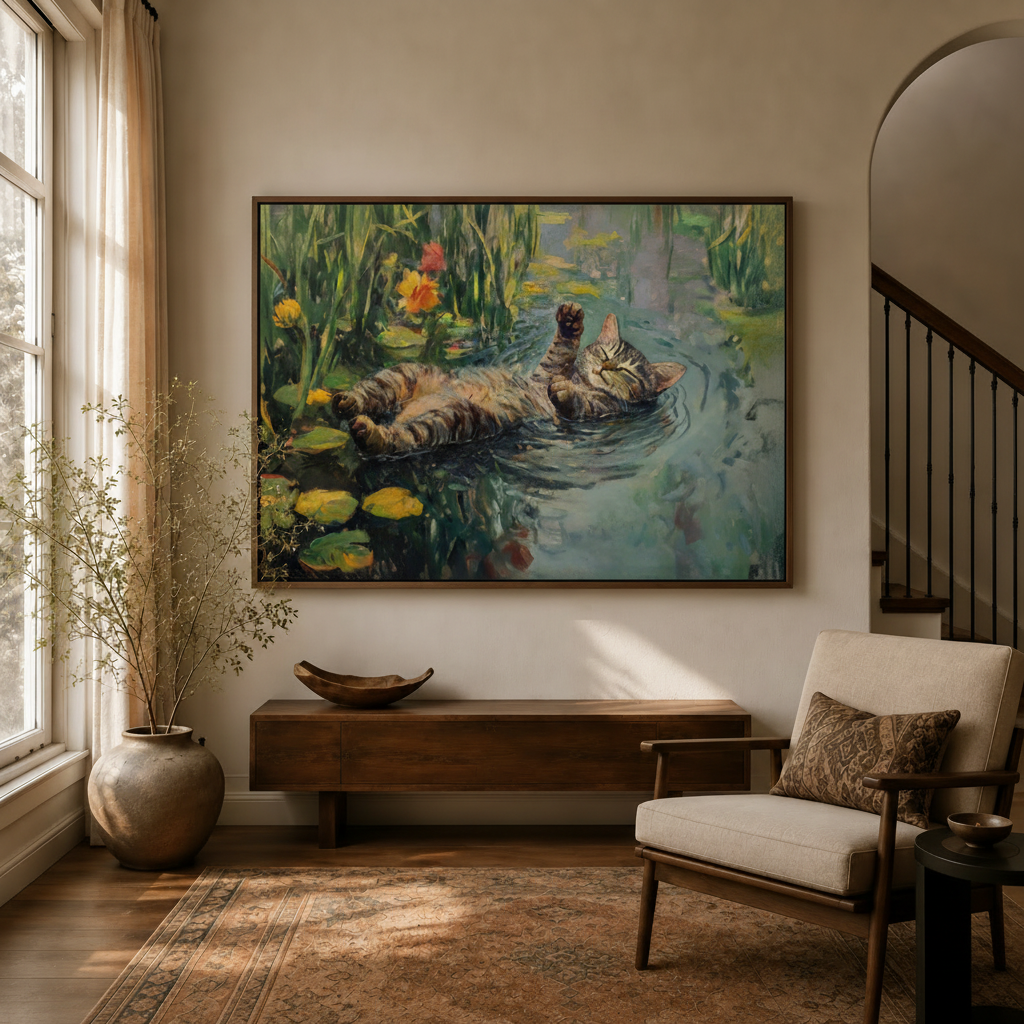 Impressionist cat lily pond framed canvas art displayed in modern living room entryway