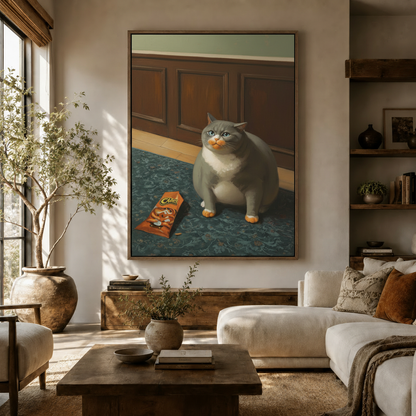 Guilty cat Cheetos canvas print displayed in a warm neutral living room above a white sofa