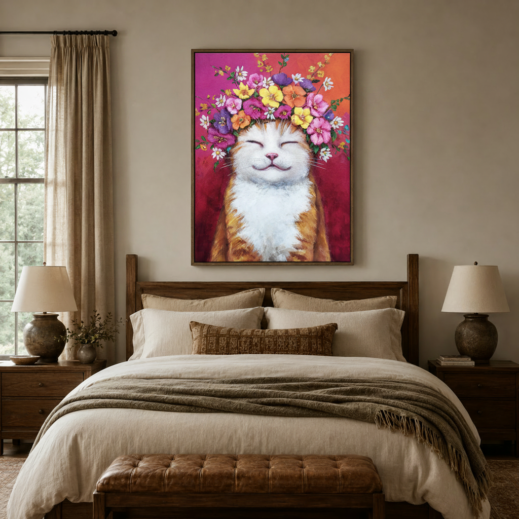 Colorful floral crown cat canvas print displayed above bedroom headboard in warm beige interior