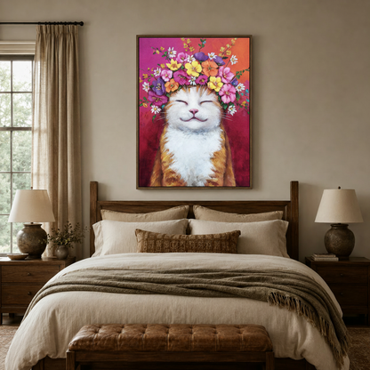 Colorful floral crown cat canvas print displayed above bedroom headboard in warm beige interior