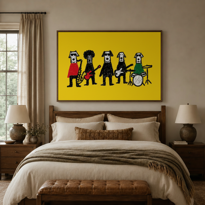 Rock band dogs pop art canvas wall art in dark walnut float frame, cozy bedroom scene